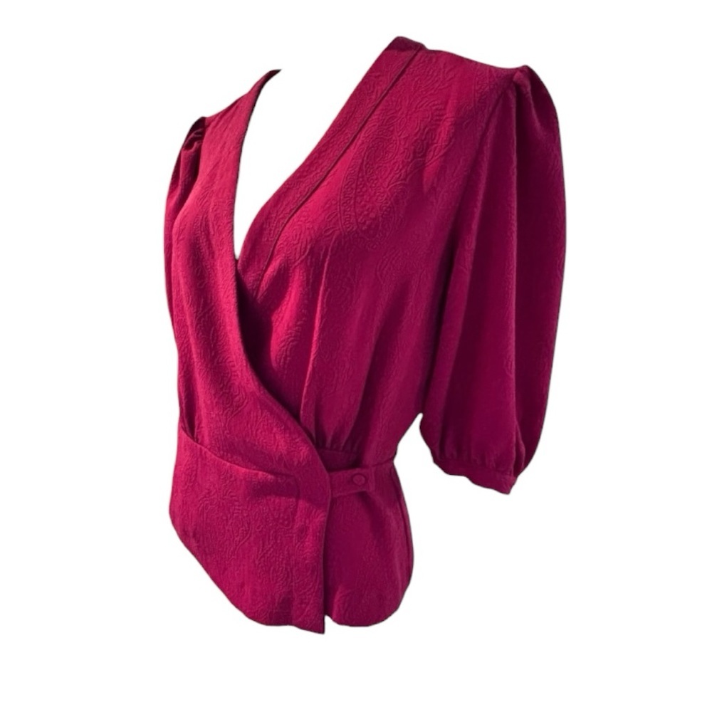 BCBGMAXAZRIA Red Wrap Blouse Puff Sleeve Peplum Top V Neck Designer Medium NWT - Picture 5 of 6